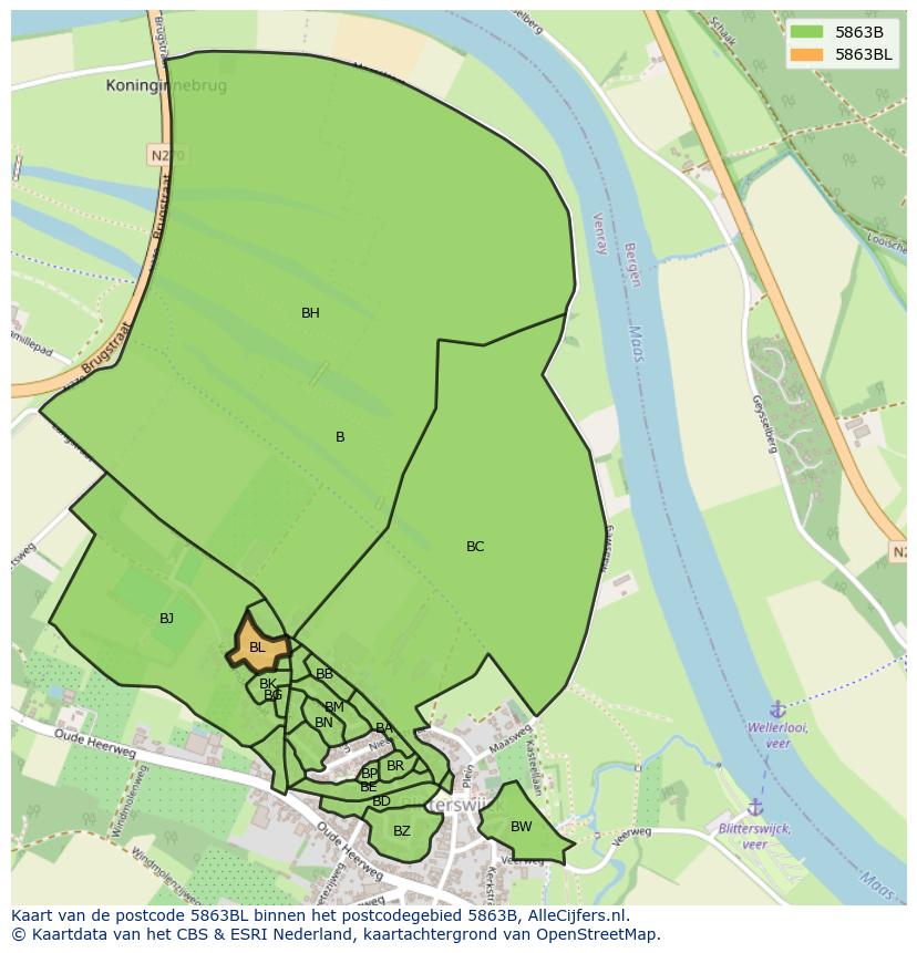 Afbeelding van het postcodegebied 5863 BL op de kaart.