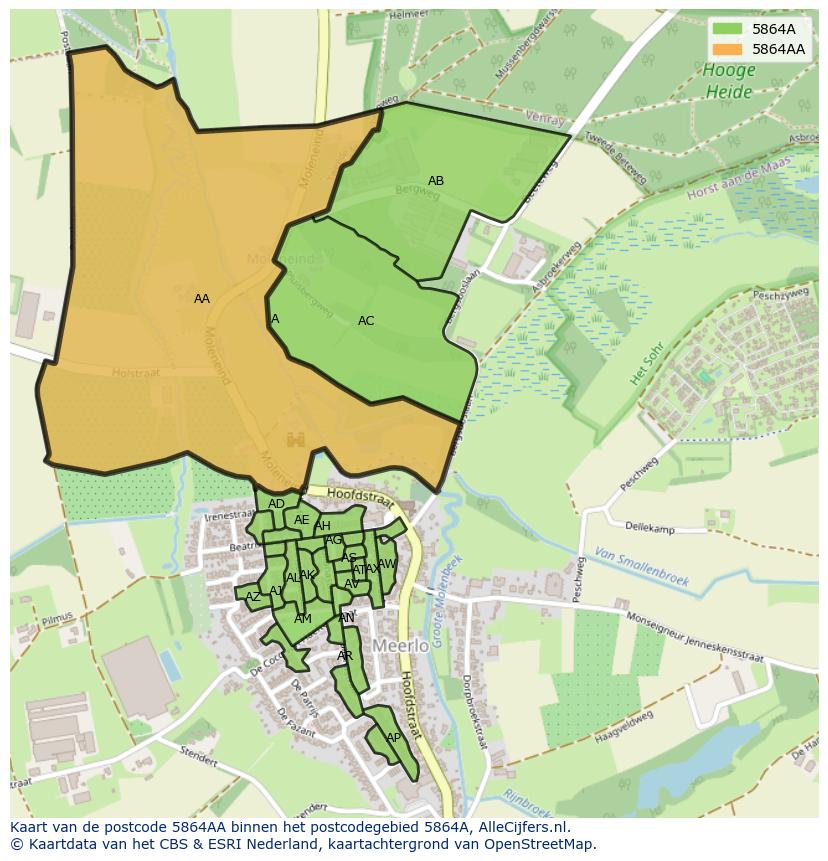 Afbeelding van het postcodegebied 5864 AA op de kaart.