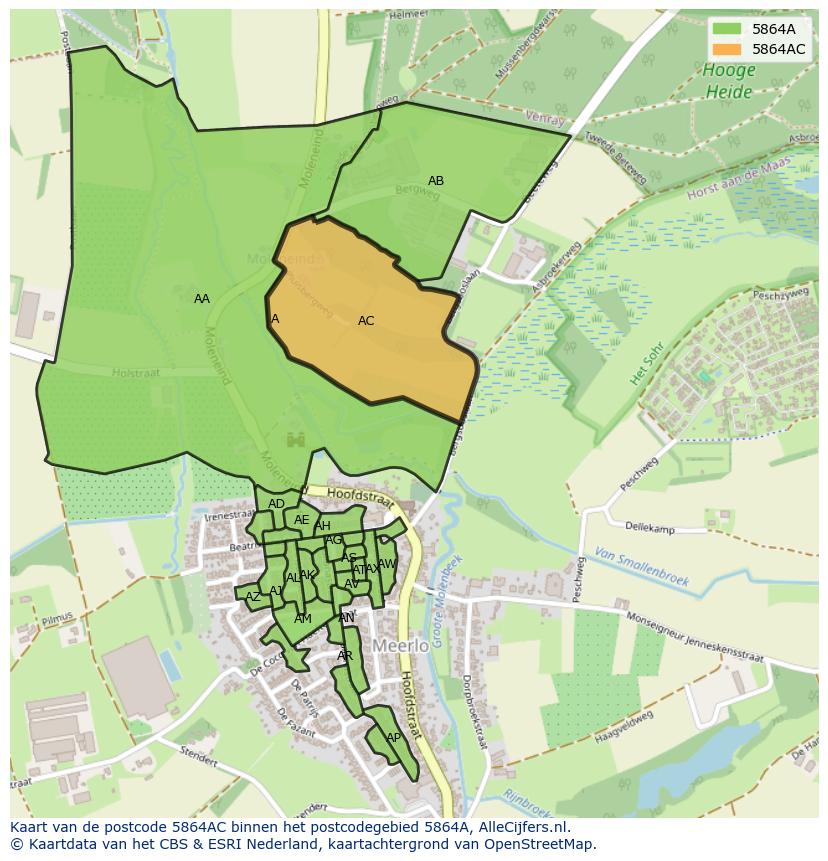 Afbeelding van het postcodegebied 5864 AC op de kaart.