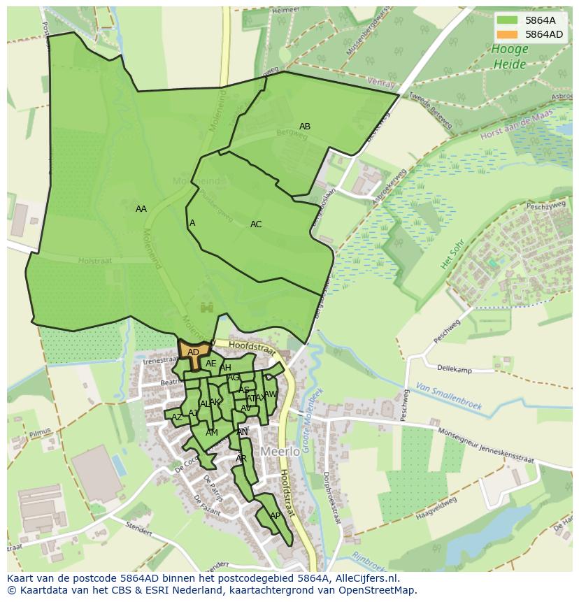 Afbeelding van het postcodegebied 5864 AD op de kaart.