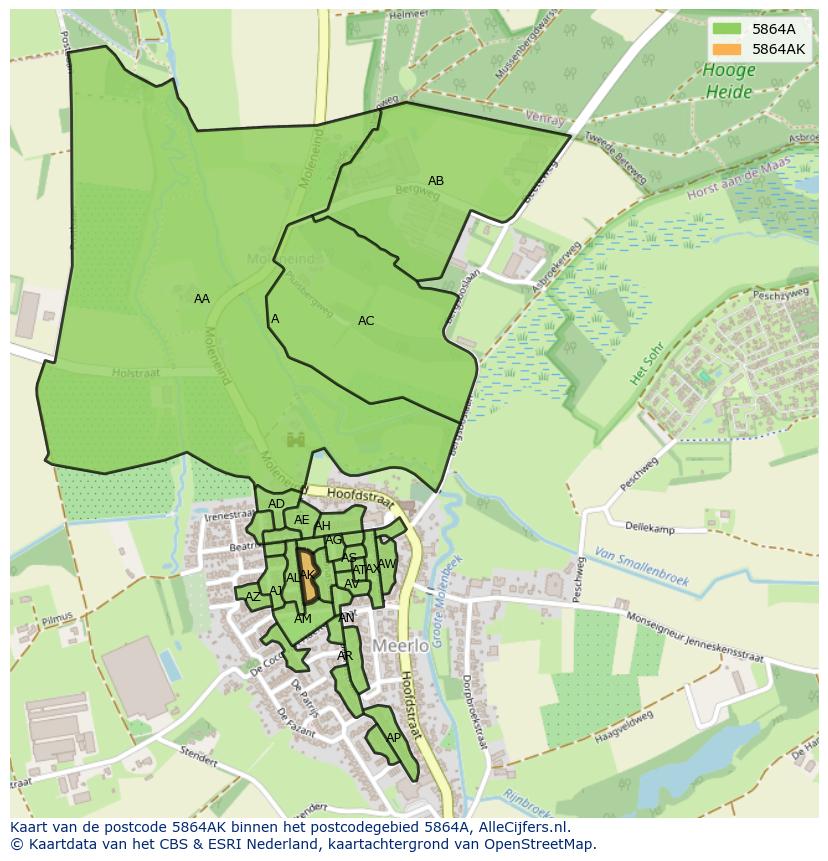 Afbeelding van het postcodegebied 5864 AK op de kaart.
