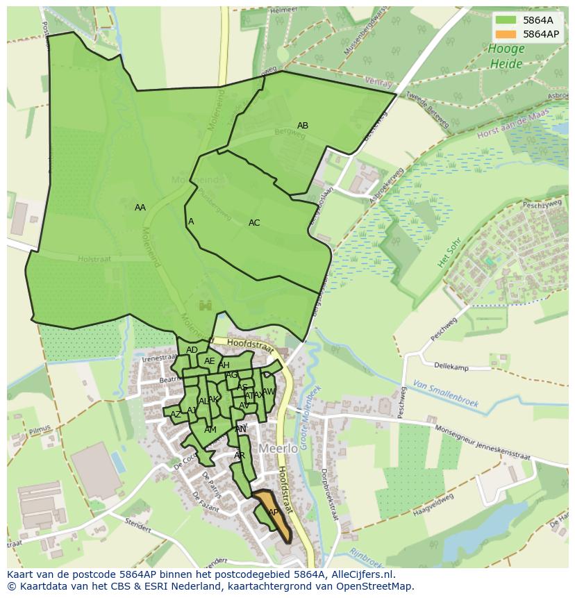 Afbeelding van het postcodegebied 5864 AP op de kaart.
