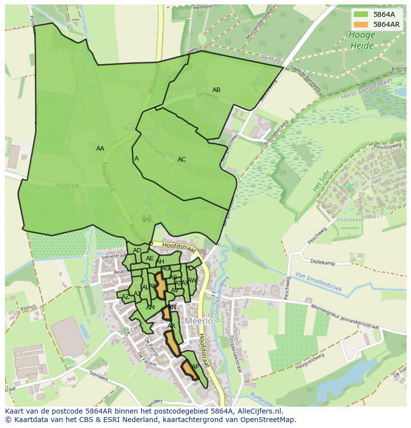 Afbeelding van het postcodegebied 5864 AR op de kaart.