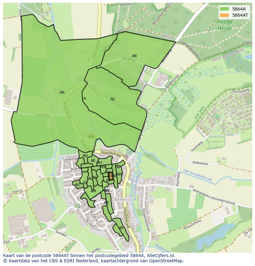 Afbeelding van het postcodegebied 5864 AT op de kaart.
