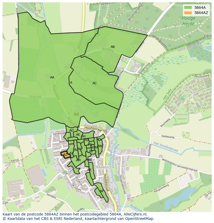 Afbeelding van het postcodegebied 5864 AZ op de kaart.