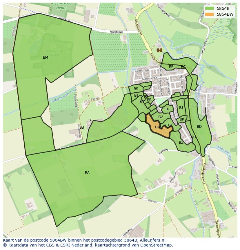 Afbeelding van het postcodegebied 5864 BW op de kaart.