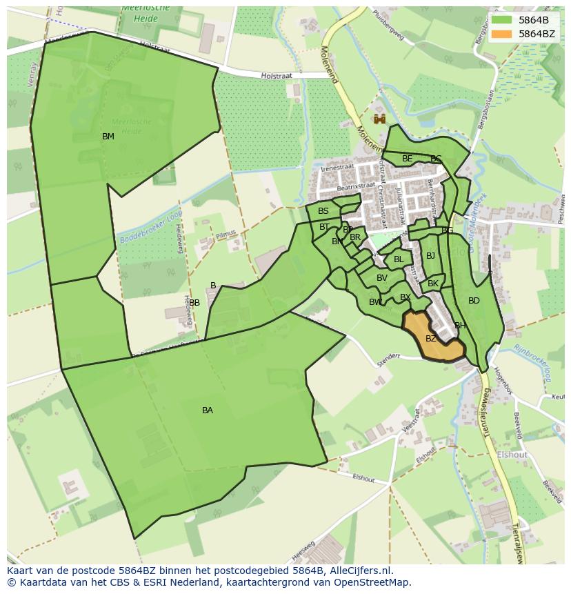 Afbeelding van het postcodegebied 5864 BZ op de kaart.