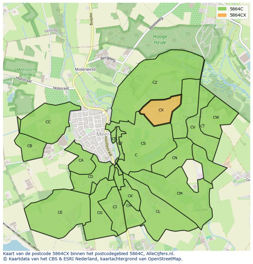 Afbeelding van het postcodegebied 5864 CX op de kaart.