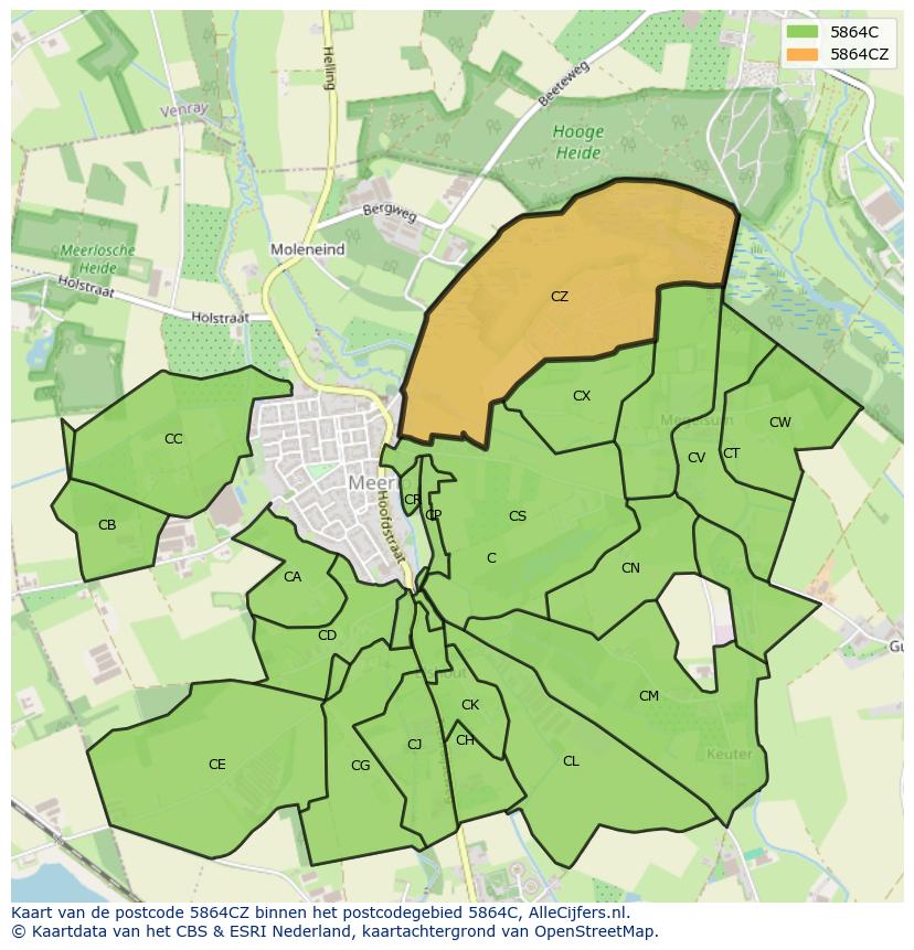 Afbeelding van het postcodegebied 5864 CZ op de kaart.
