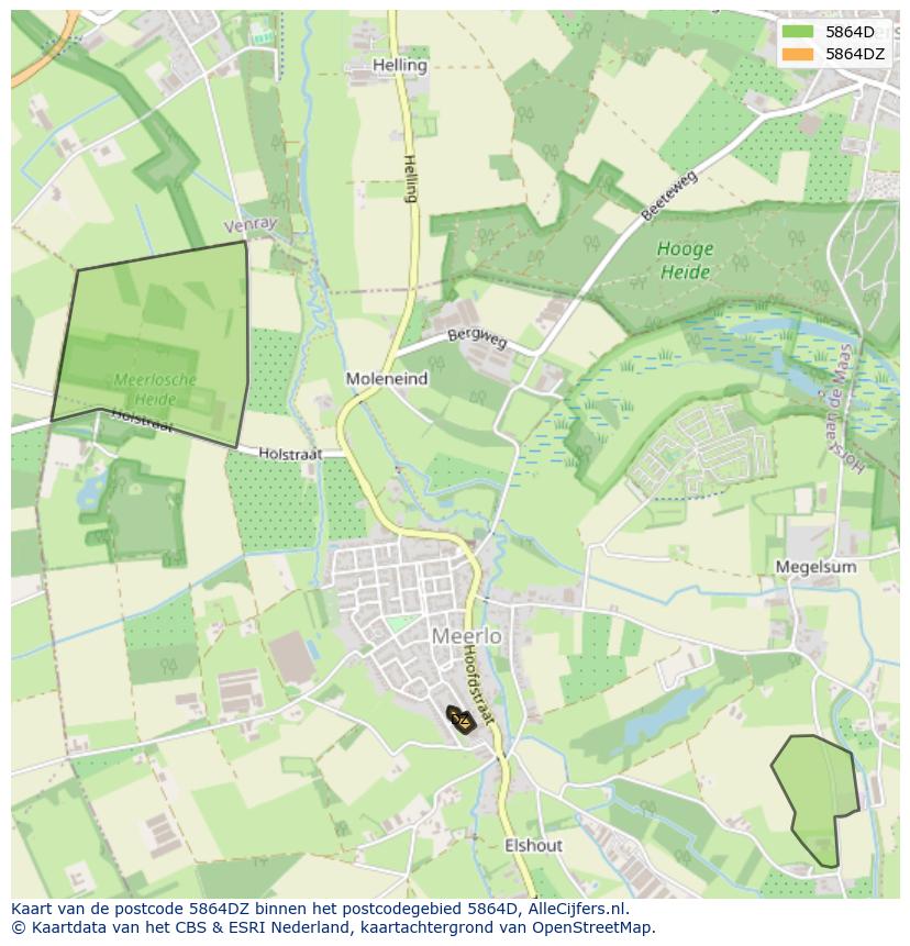 Afbeelding van het postcodegebied 5864 DZ op de kaart.