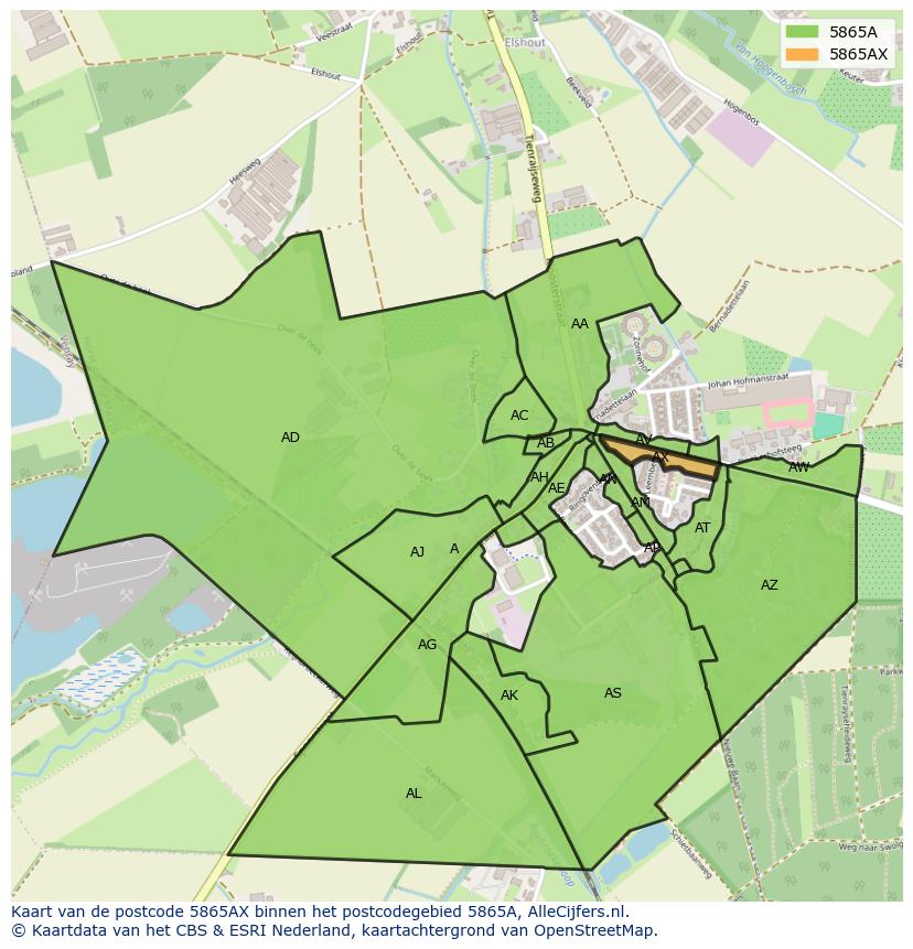 Afbeelding van het postcodegebied 5865 AX op de kaart.