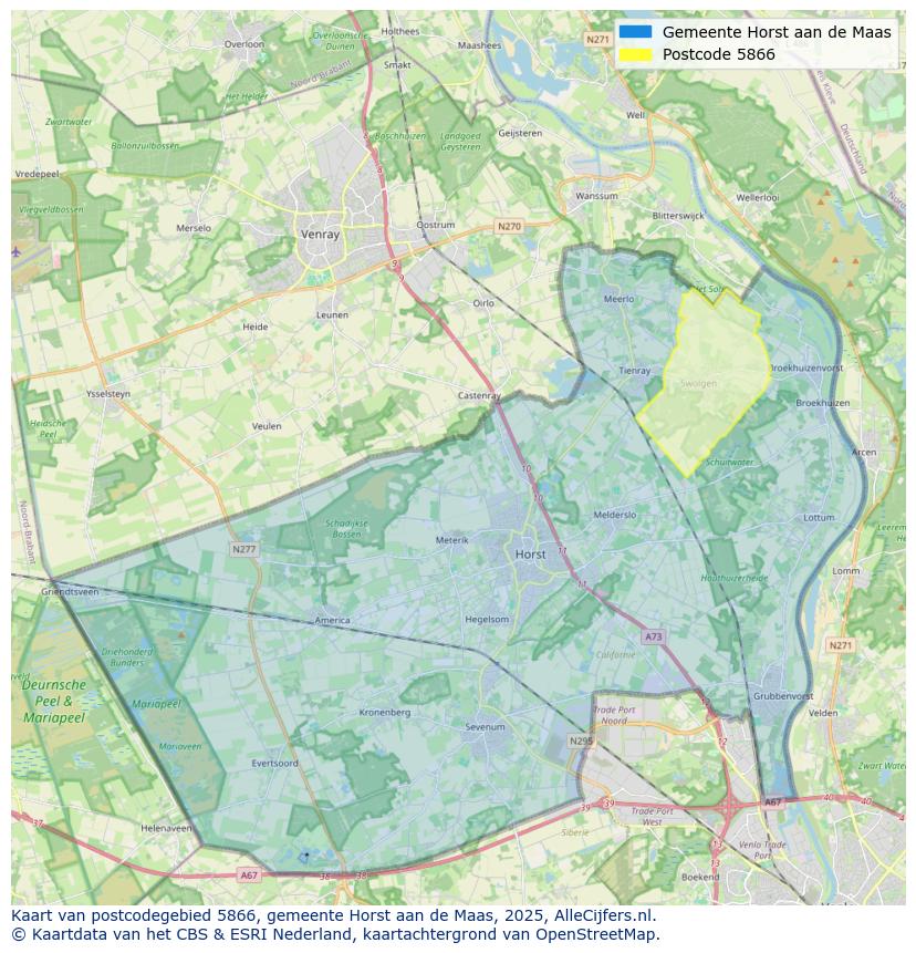 Afbeelding van het postcodegebied 5866 op de kaart.
