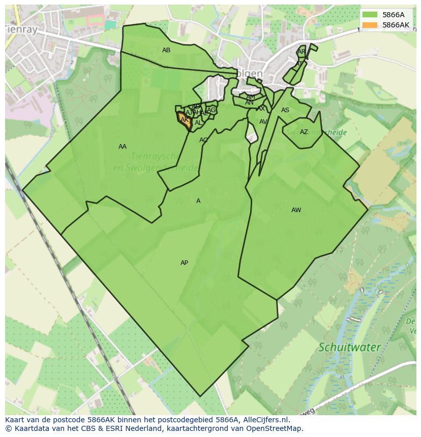 Afbeelding van het postcodegebied 5866 AK op de kaart.