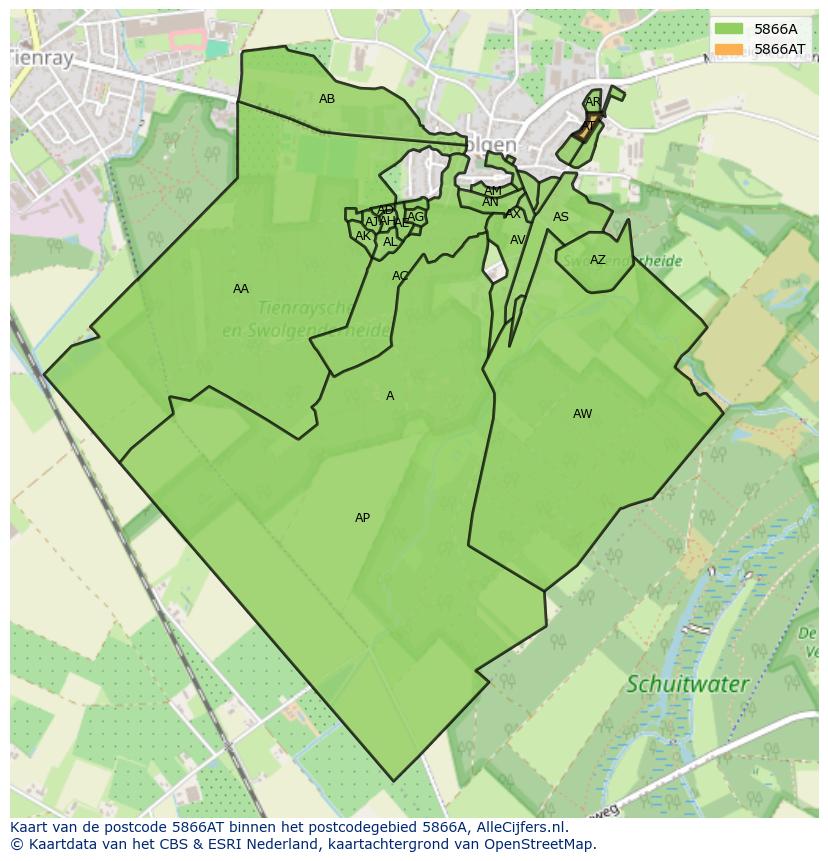 Afbeelding van het postcodegebied 5866 AT op de kaart.