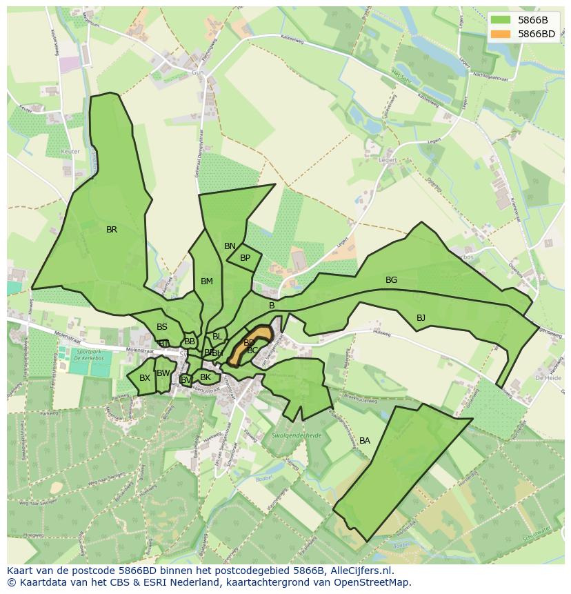Afbeelding van het postcodegebied 5866 BD op de kaart.