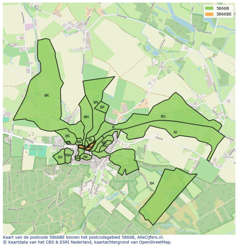 Afbeelding van het postcodegebied 5866 BE op de kaart.