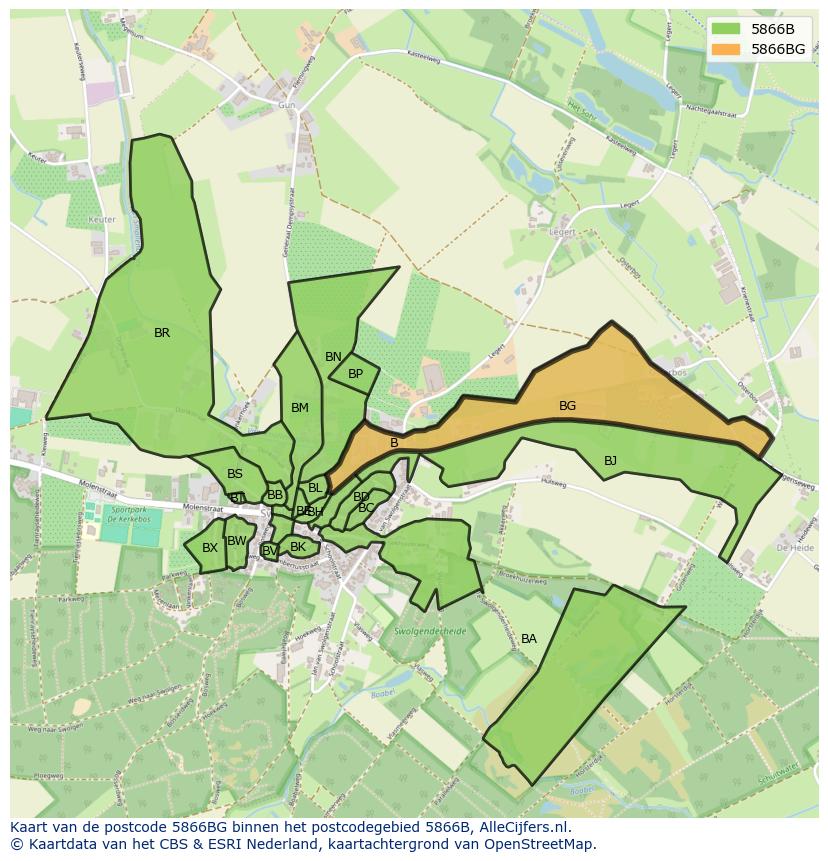 Afbeelding van het postcodegebied 5866 BG op de kaart.
