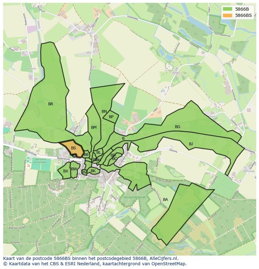 Afbeelding van het postcodegebied 5866 BS op de kaart.