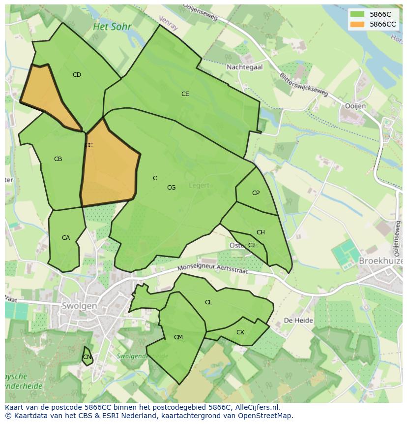 Afbeelding van het postcodegebied 5866 CC op de kaart.