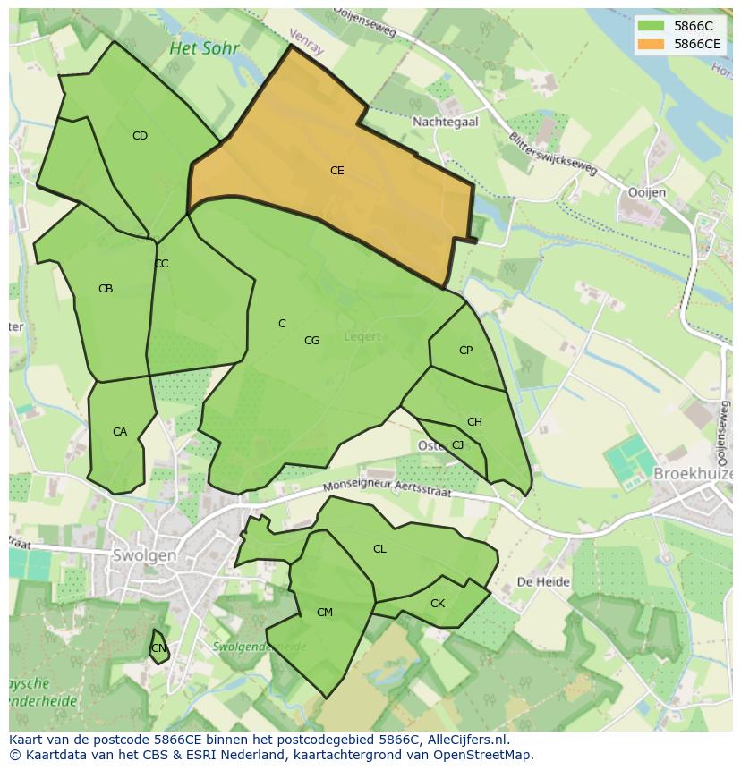 Afbeelding van het postcodegebied 5866 CE op de kaart.