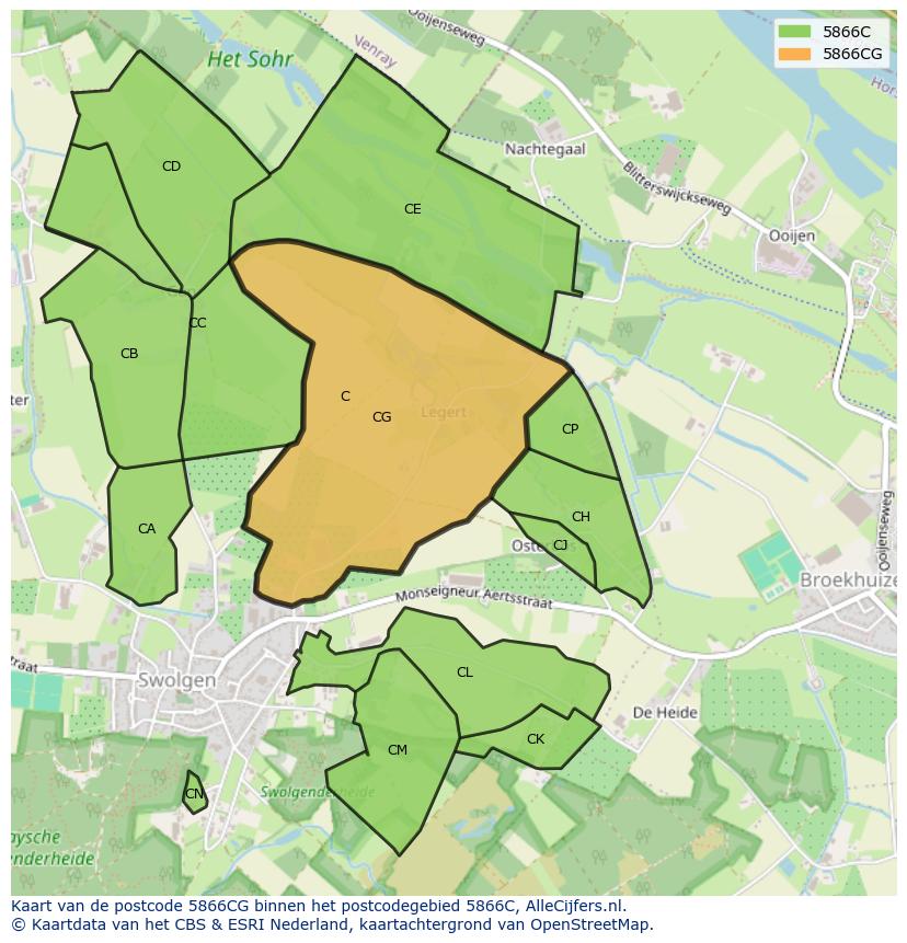 Afbeelding van het postcodegebied 5866 CG op de kaart.