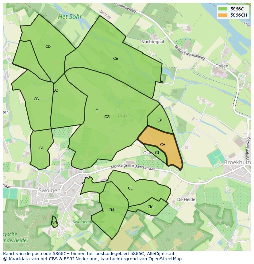 Afbeelding van het postcodegebied 5866 CH op de kaart.