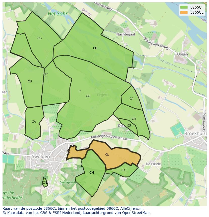 Afbeelding van het postcodegebied 5866 CL op de kaart.