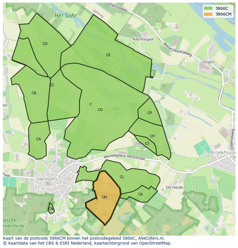 Afbeelding van het postcodegebied 5866 CM op de kaart.