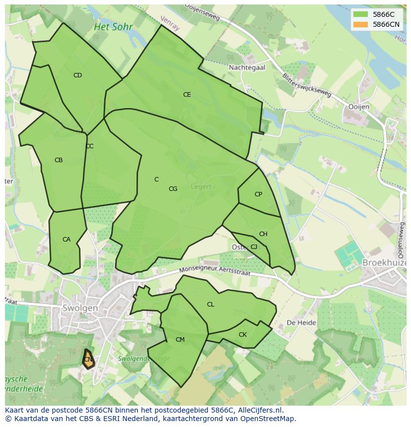 Afbeelding van het postcodegebied 5866 CN op de kaart.