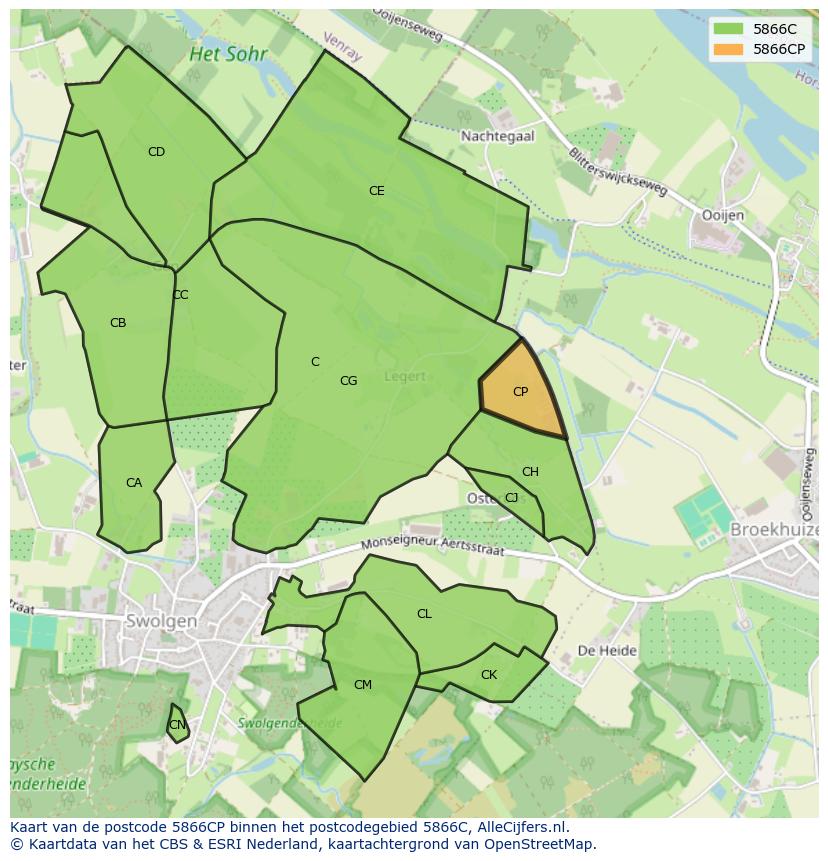 Afbeelding van het postcodegebied 5866 CP op de kaart.