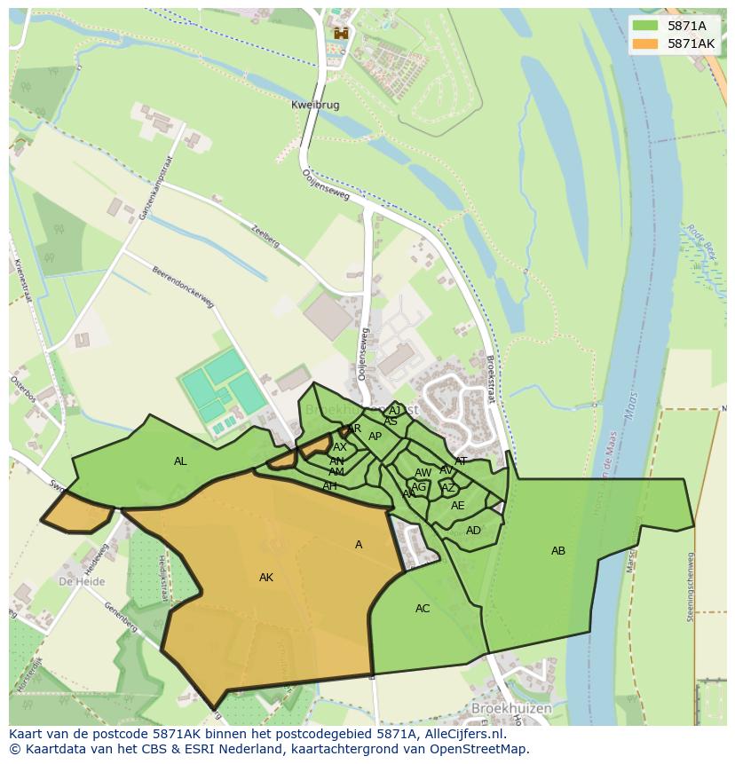 Afbeelding van het postcodegebied 5871 AK op de kaart.