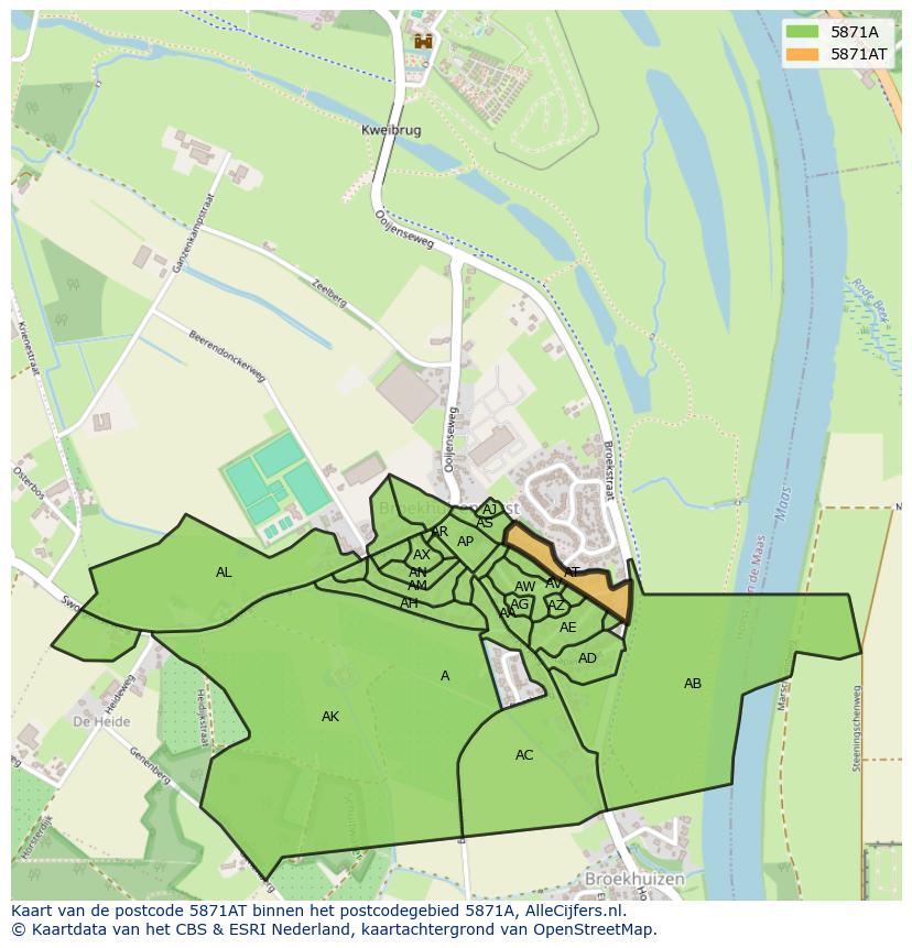 Afbeelding van het postcodegebied 5871 AT op de kaart.
