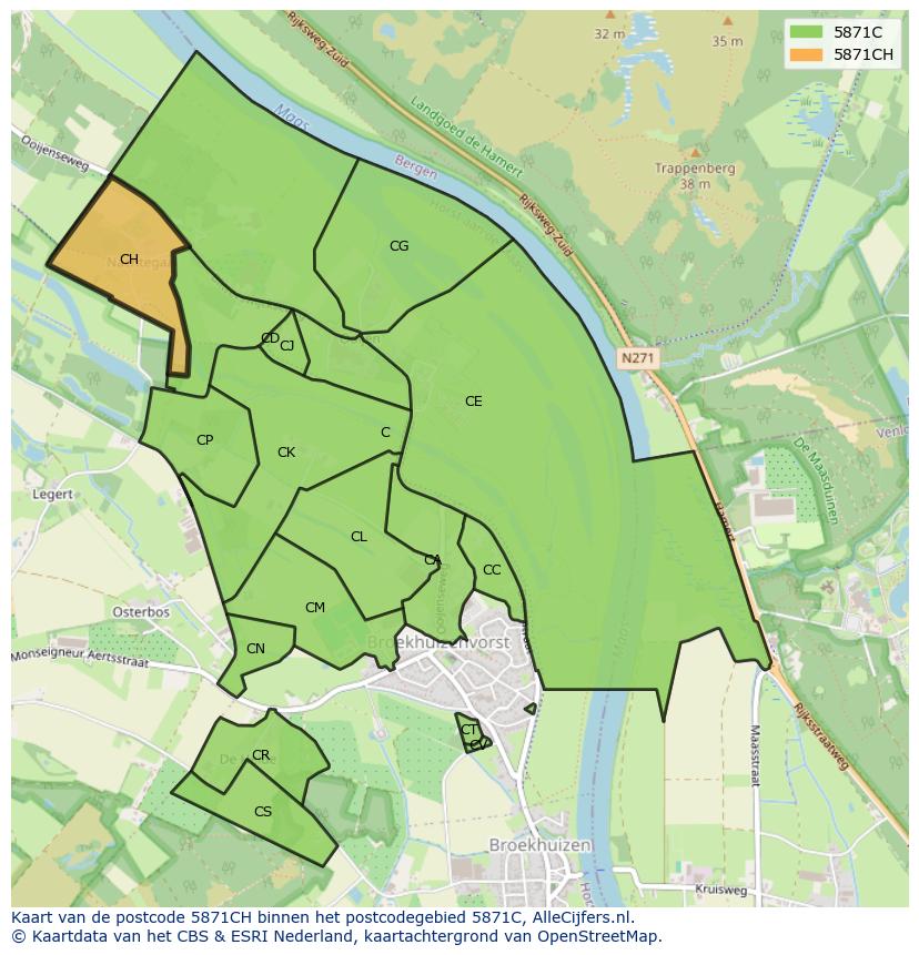 Afbeelding van het postcodegebied 5871 CH op de kaart.