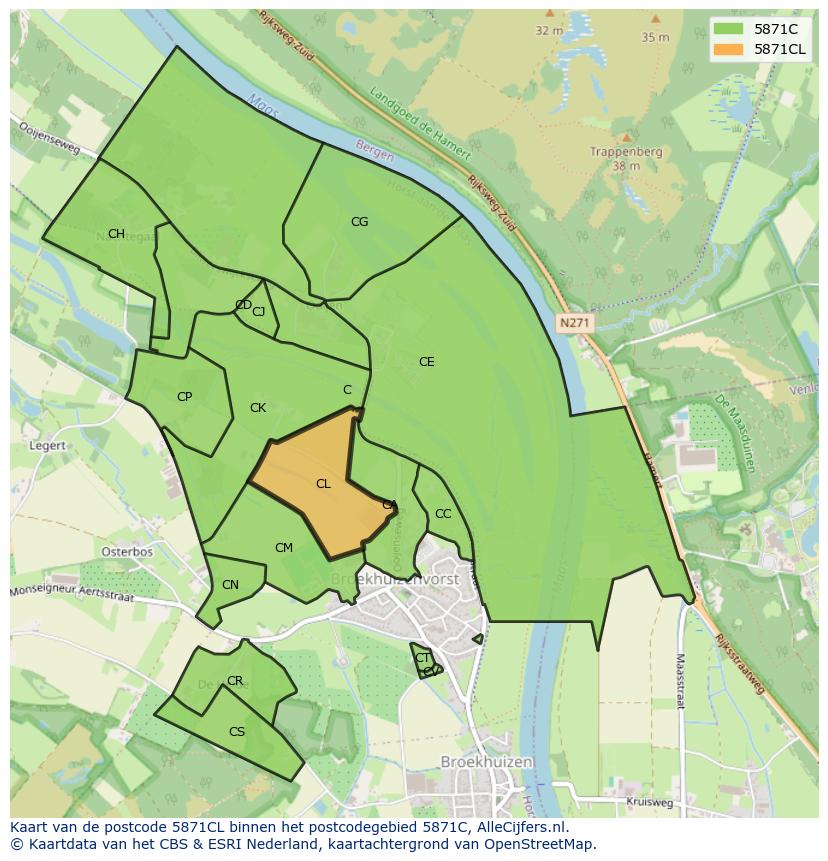 Afbeelding van het postcodegebied 5871 CL op de kaart.