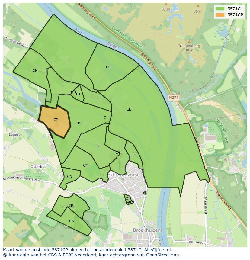 Afbeelding van het postcodegebied 5871 CP op de kaart.