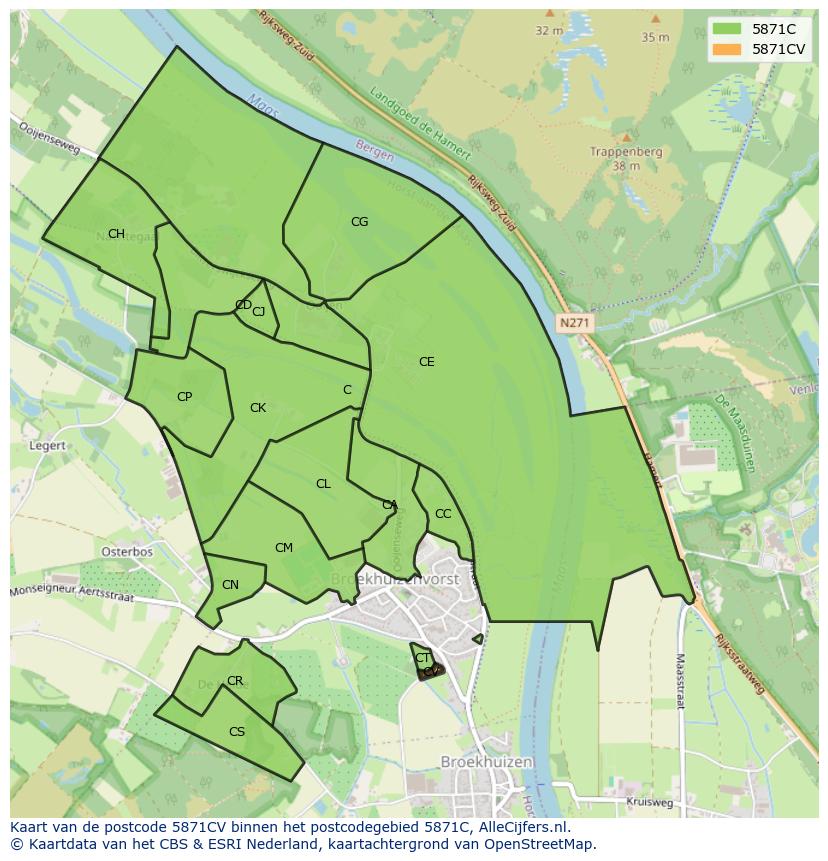 Afbeelding van het postcodegebied 5871 CV op de kaart.