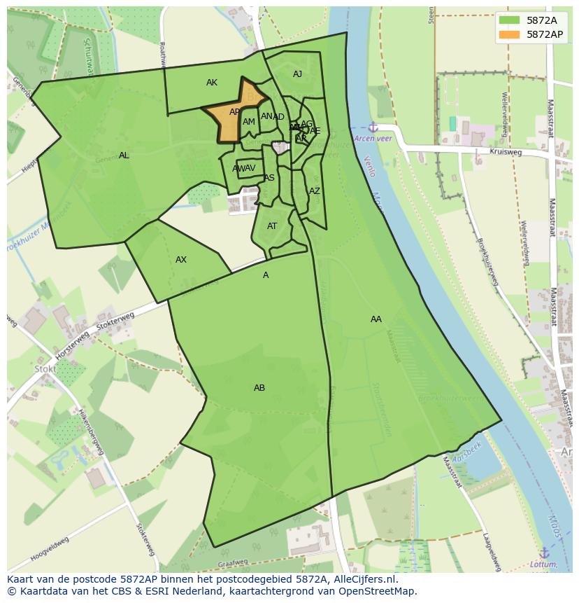 Afbeelding van het postcodegebied 5872 AP op de kaart.