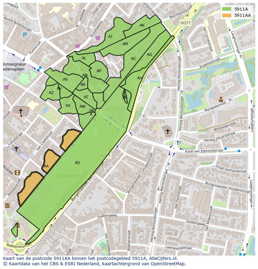 Afbeelding van het postcodegebied 5911 AA op de kaart.