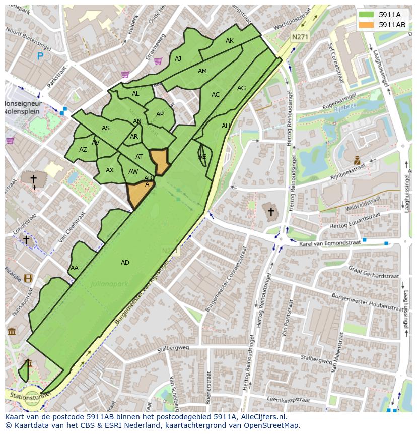 Afbeelding van het postcodegebied 5911 AB op de kaart.