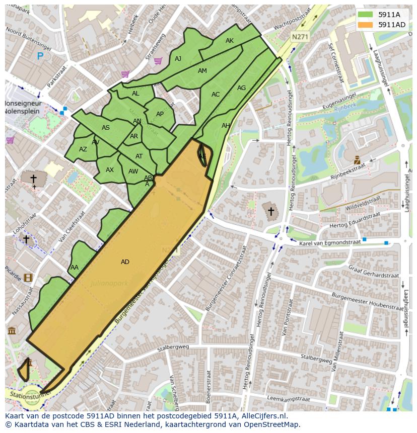 Afbeelding van het postcodegebied 5911 AD op de kaart.