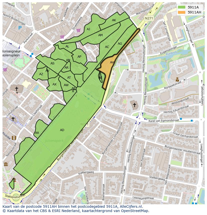 Afbeelding van het postcodegebied 5911 AH op de kaart.