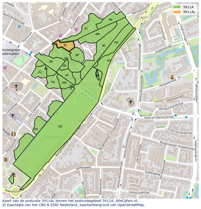 Afbeelding van het postcodegebied 5911 AL op de kaart.