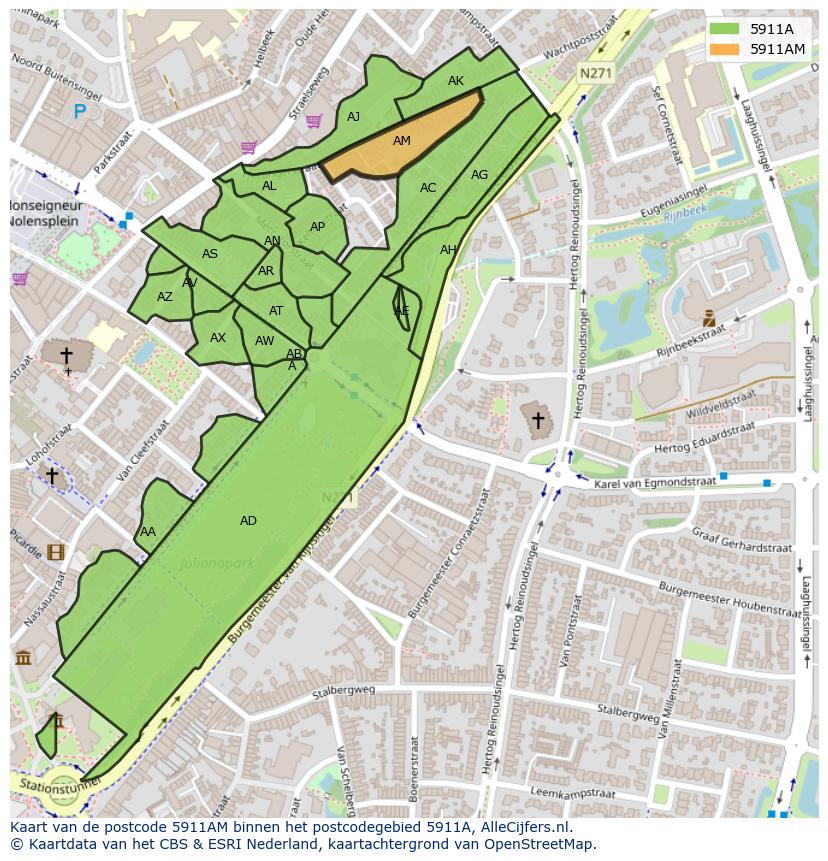 Afbeelding van het postcodegebied 5911 AM op de kaart.