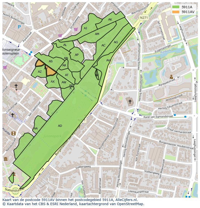 Afbeelding van het postcodegebied 5911 AV op de kaart.