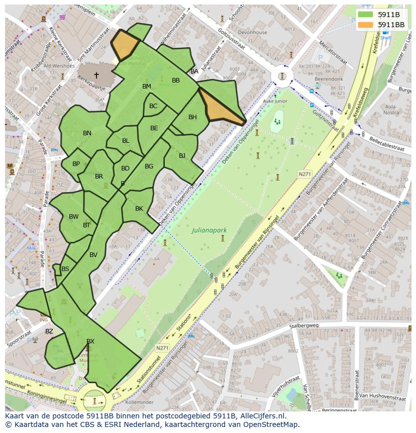 Afbeelding van het postcodegebied 5911 BB op de kaart.