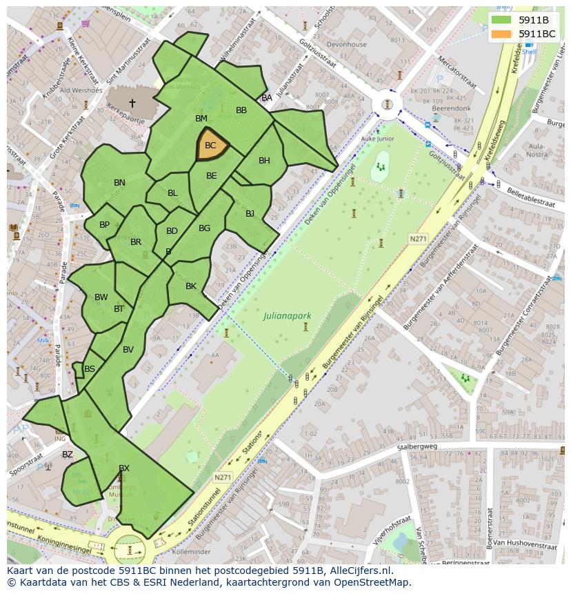 Afbeelding van het postcodegebied 5911 BC op de kaart.