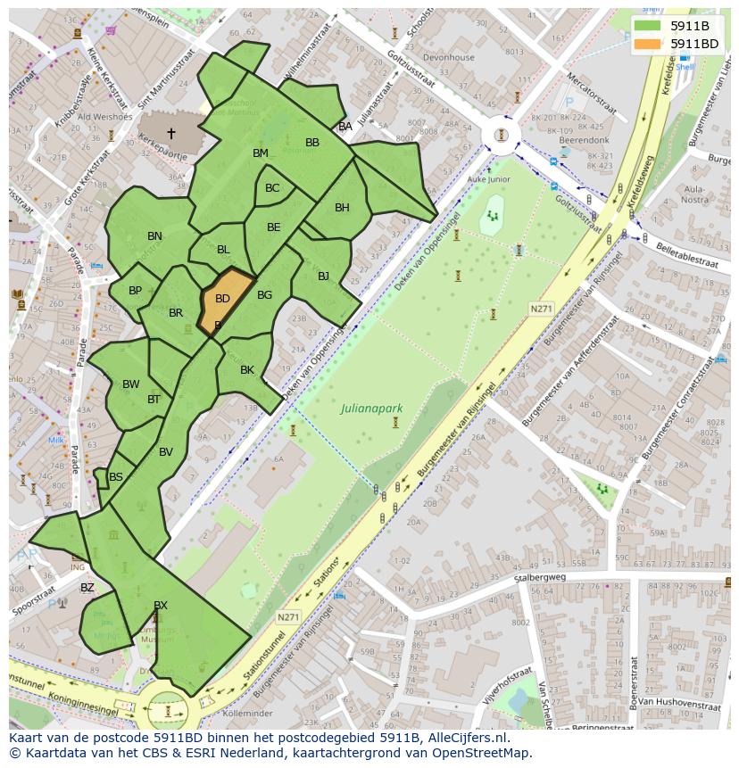 Afbeelding van het postcodegebied 5911 BD op de kaart.