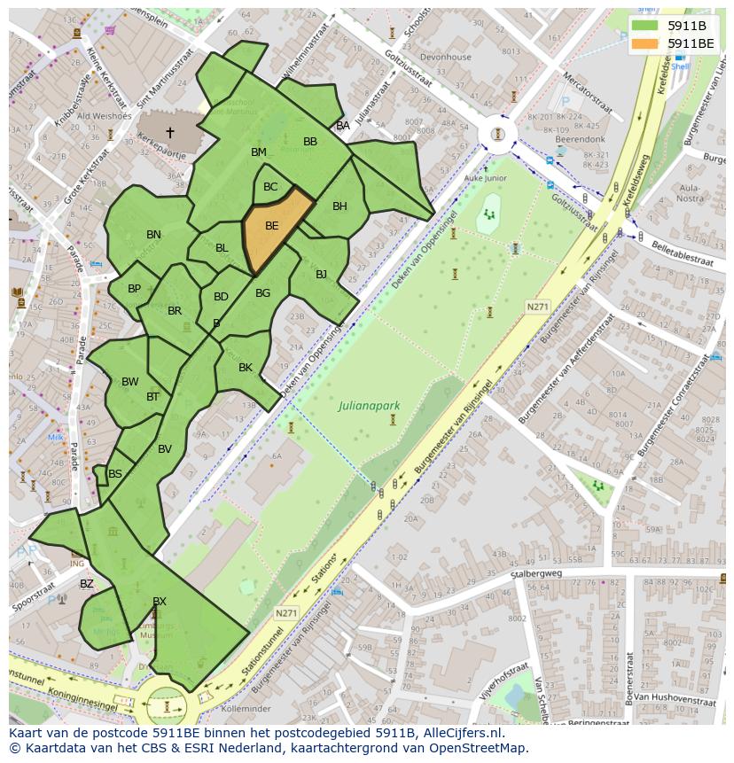 Afbeelding van het postcodegebied 5911 BE op de kaart.