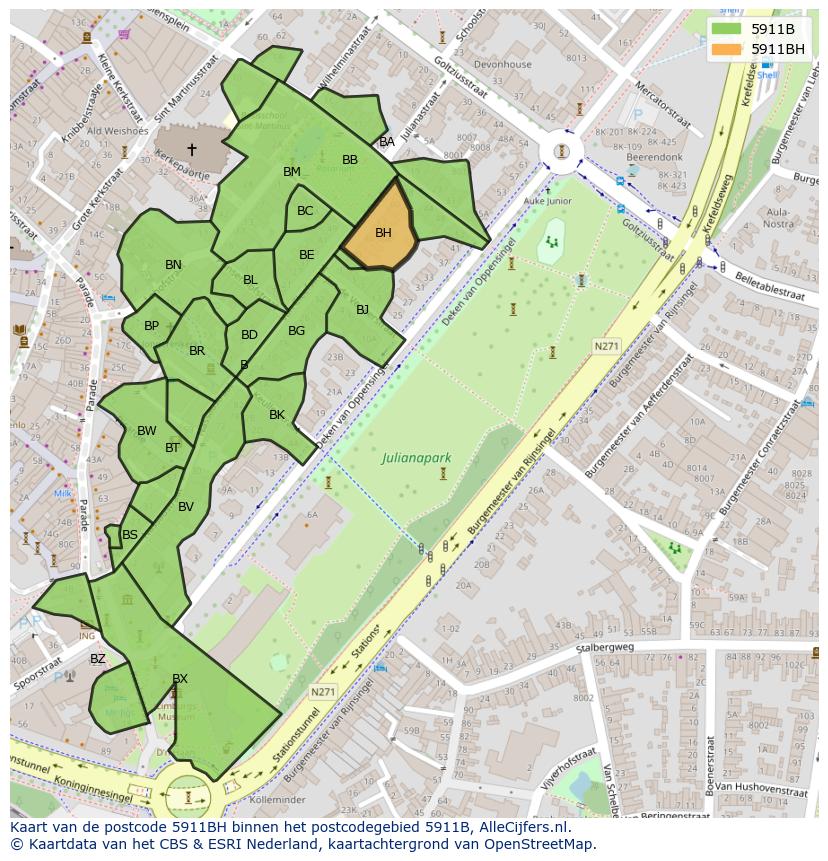 Afbeelding van het postcodegebied 5911 BH op de kaart.