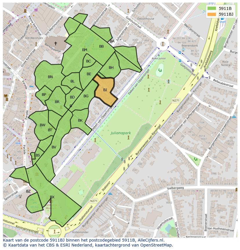Afbeelding van het postcodegebied 5911 BJ op de kaart.
